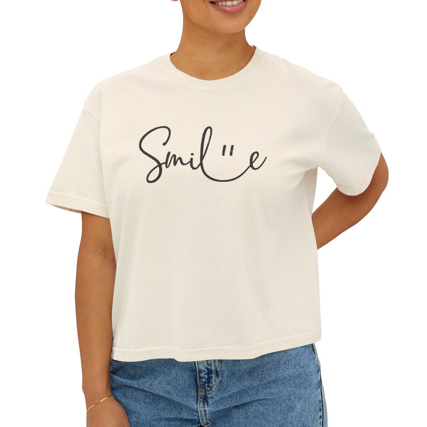 Embroidered Smile Boxy Crop T-Shirt