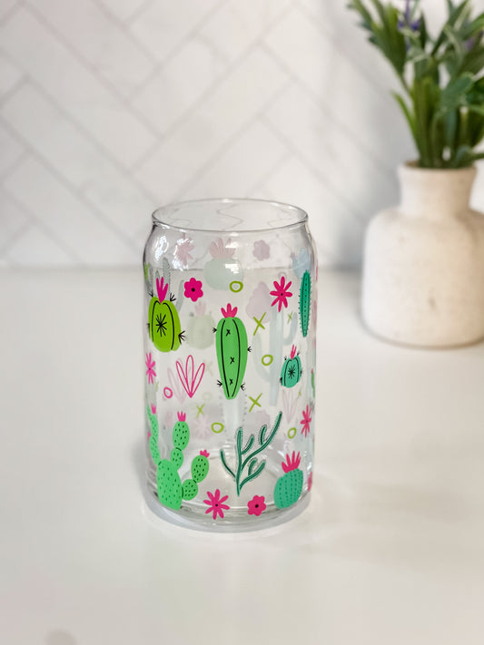 Cute Cactus Glass Cup, Lid & Straw