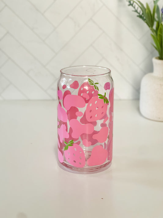 Strawberry Cow Print Glass Can