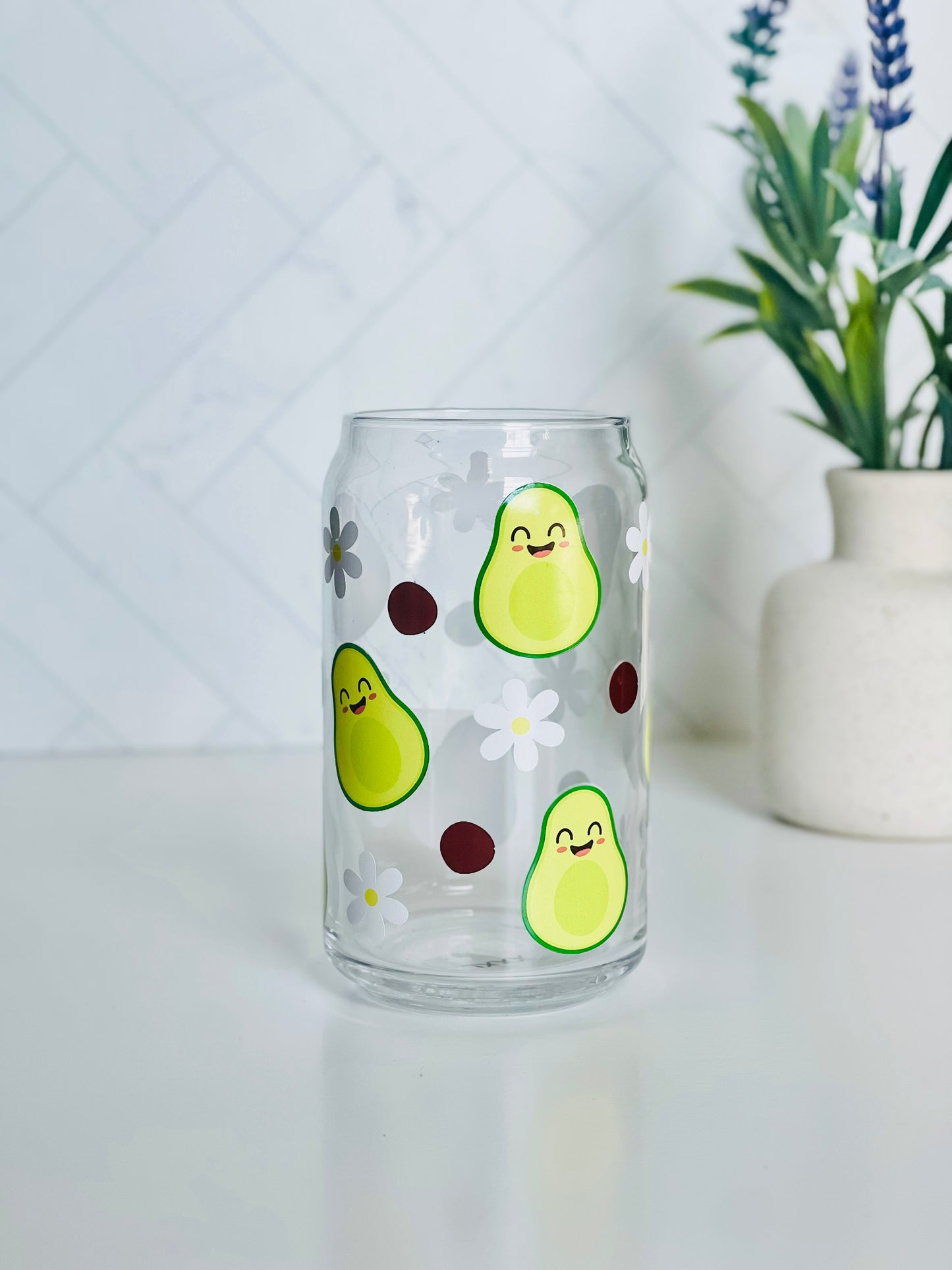 Avocado Smiley Face Glass Can