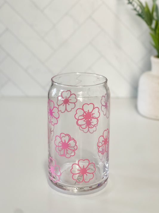 Flower Glass Cup, Lid & Straw